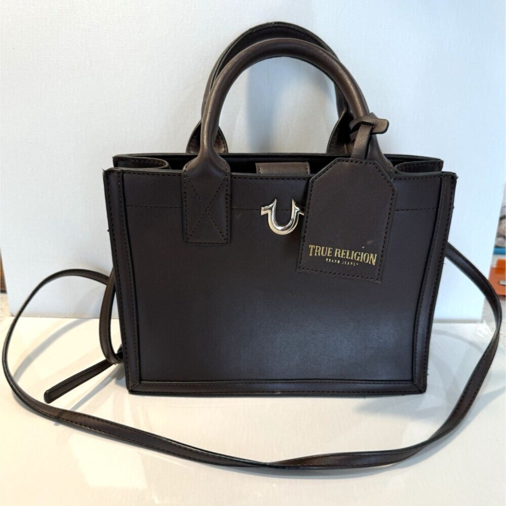 True Religion Crossbody Mini Tote Women's Bag Faux Leather Strap Brown Logo